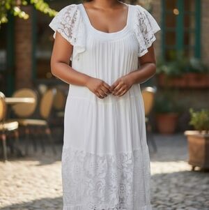 Robbie Bee Women's Petite Ivory Flutter Shoulder Lace Shift Dress Size XL Petite